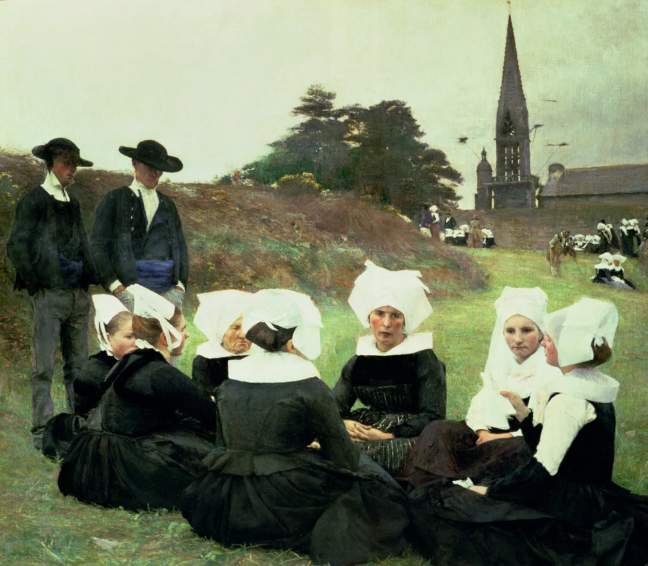 Bretonska kvinnor sitter vid en benådning av Pascal Adolphe Jean Dagnan Bouveret