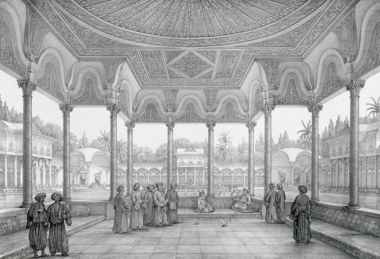 Fontän och kiosk i Choubrahs trädgård, från "Monuments and Buildings of Cairo", graverad av Auguste Hibon (1780-1857), utgiven av Letronne, Paris, 1829. av Pascal Xavier Coste
