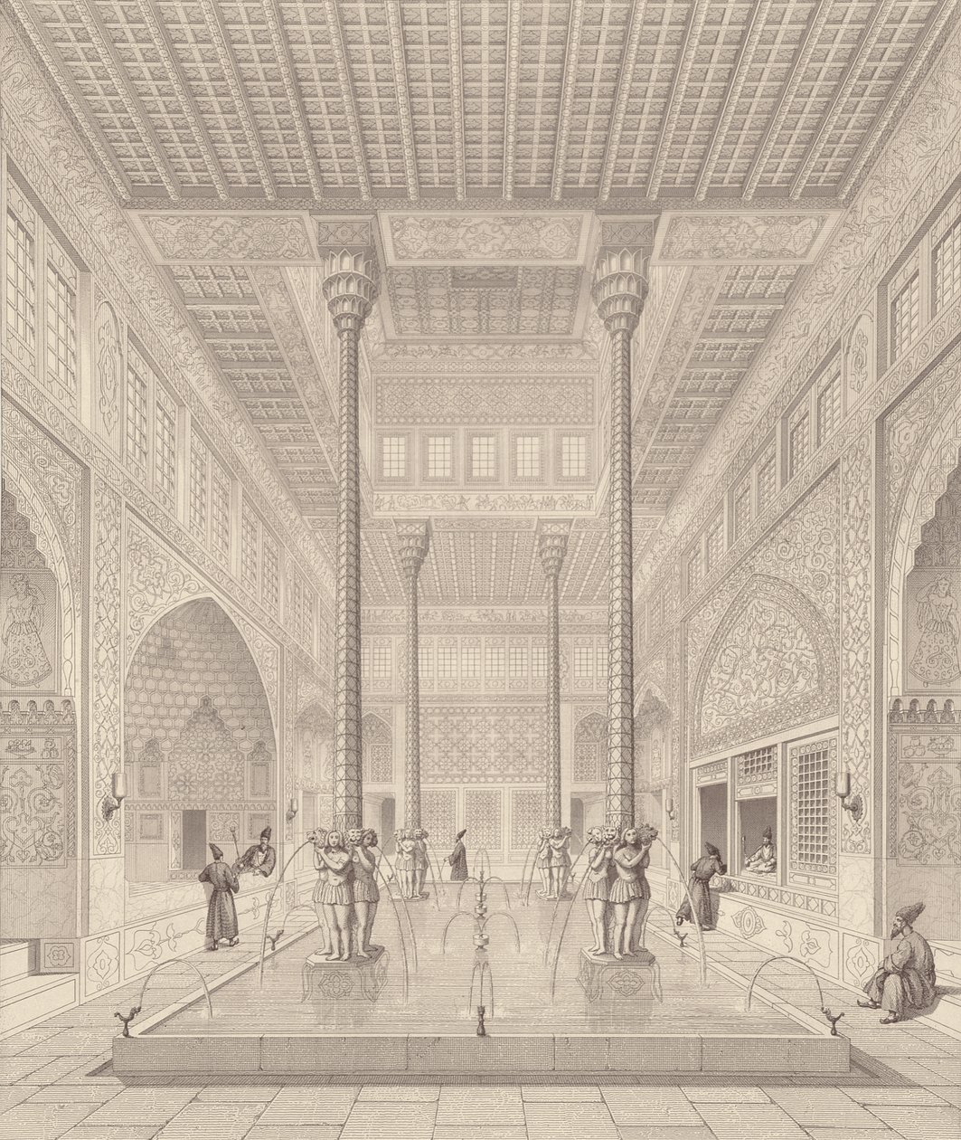 Interiör av Tchar-Bach-palatset, Isfahan, från Moderna monument i Persien, graverad av Claude Sauvageot (1832-85) och Jean Charles Huguet, 1856 av Pascal Xavier after Coste