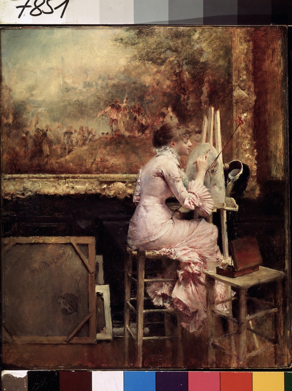 ""Ung konstnär som gör en akvarell på Louvren"" (Ung akvarellist i Louvren) Hon är klädd i Belle Epoque-mode och sitter på en pall. Målning av Pascal Adolphe Jean Dagnan-Bouveret (Dagnan Bouveret) (1852-1929) cirka 1889 av Pascal Adolphe Jean Dagnan Bouveret