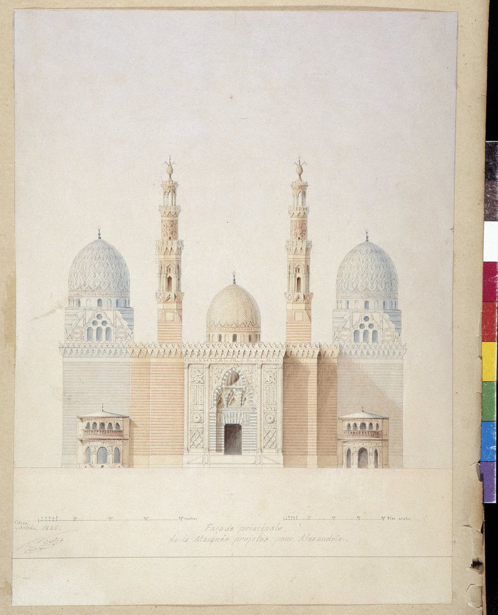 Arkitektur: huvudfasadprojektet för moskén i Alexandria. Egypten. Teckning av Pascal Coste (1787-1879) av Pascal Xavier (after) Coste