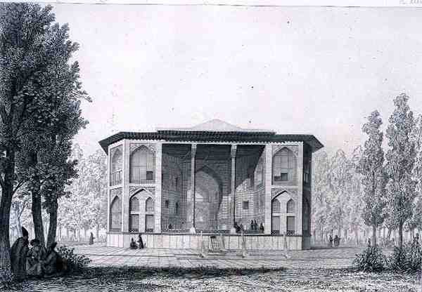 De åtta paradisens paviljong i Isfahan, från "Voyage Pittoresque" of Persia, graverad av Jules Penel (f.1833) och Joseph Durond (f.1816) utgiven av Lemercier, Paris. av Pascal Xavier (after) Coste