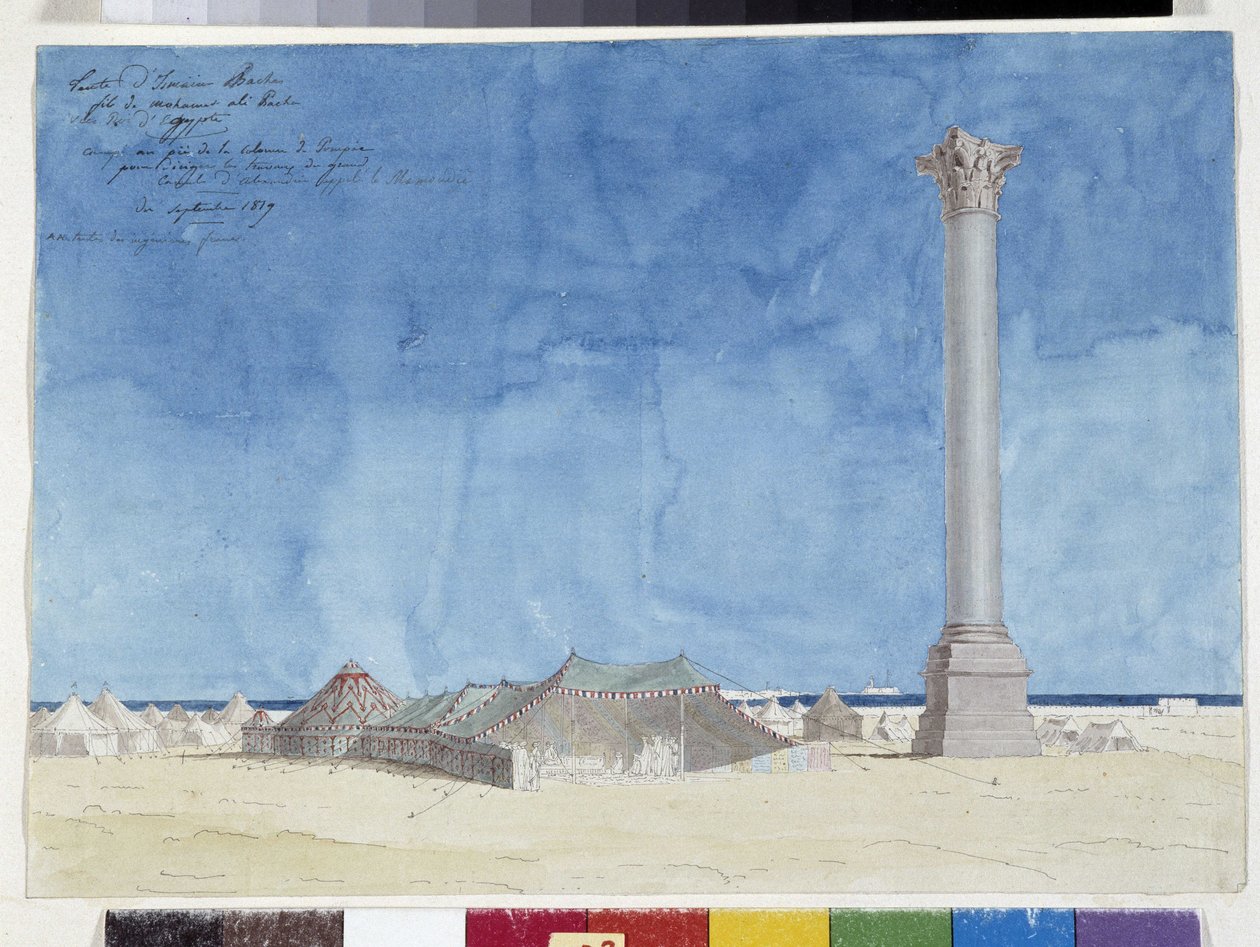 Tält, läger vid foten av Pompee-kolonnen. Teckning av Pascal Coste (1787-1879), kommunala biblioteket i Marseille av Pascal Xavier (after) Coste