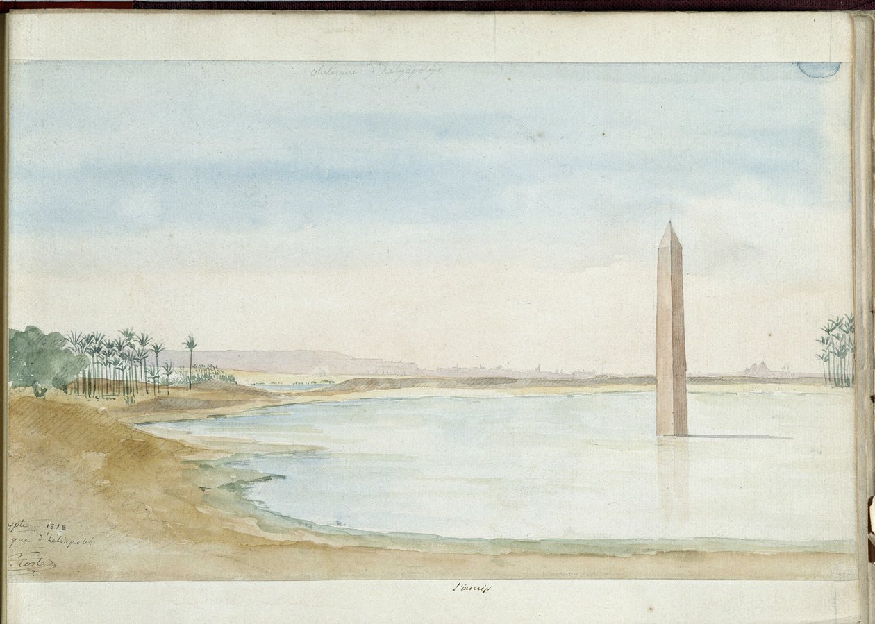 Utsikt över Nilen och Obelisken av Sesostris I i Heliopolis, Egypten. Akvarell av Pascal Coste (1787-1879). Marseilles kommunala bibliotek av Pascal Xavier (after) Coste