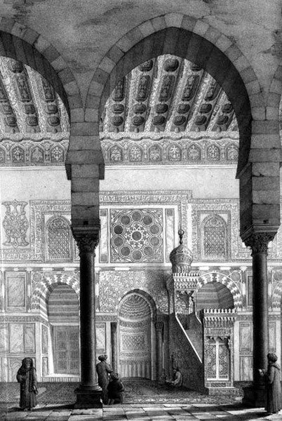 Vy över helgedomens nisch och predikstolen i Moyed-moskén, tavla 28 från "Monuments and Buildings of Cairo", graverad av Auguste Hibon (1780-1857) 1829 (litografi) av Pascal Xavier (after) Coste
