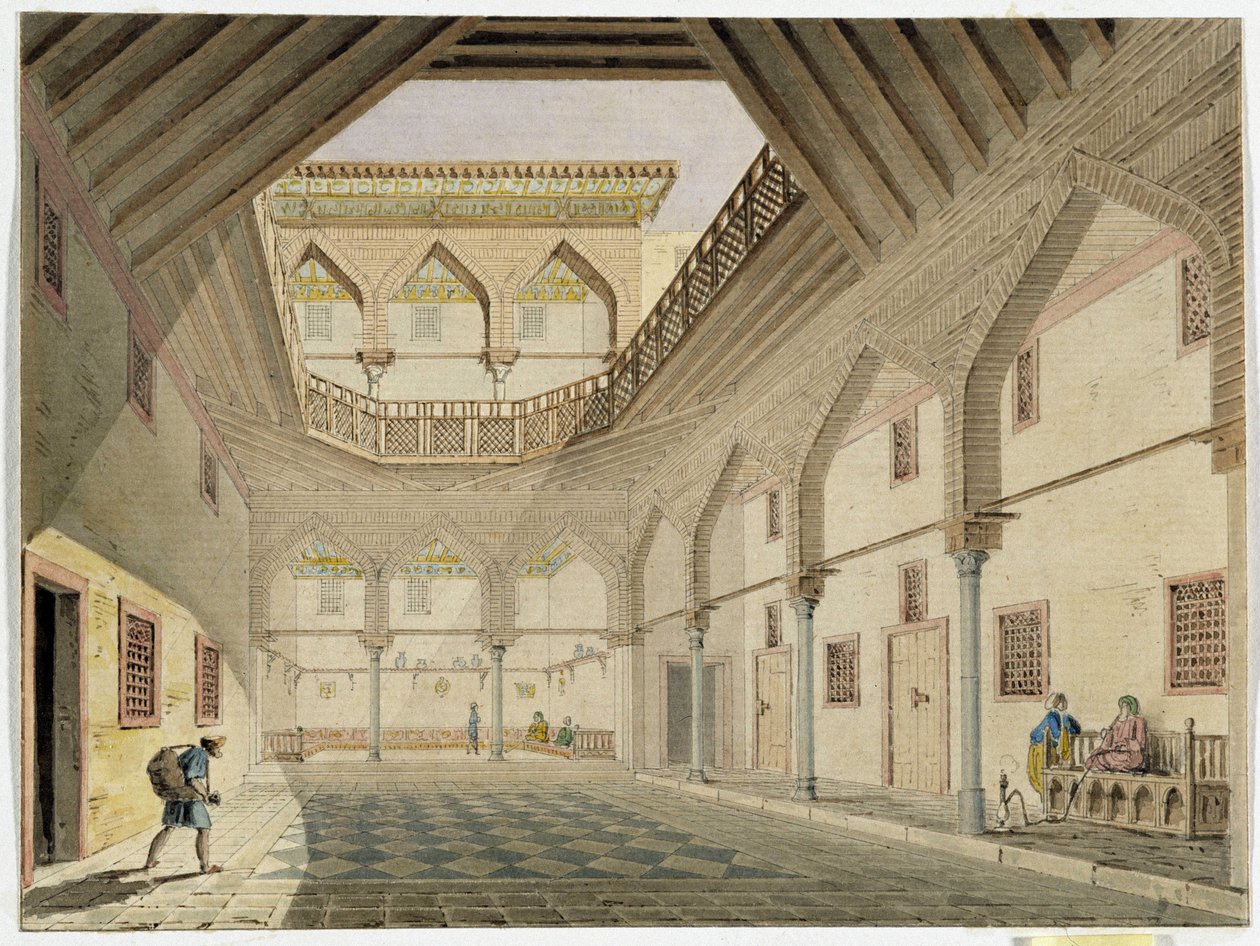 Vy över interiören av en karavanserail, hem för Azir Osman Agha. Akvarell av Pascal Coste (1787-1879) Museum of Mediterranean Archaeology, Marseille av Pascal Xavier (after) Coste