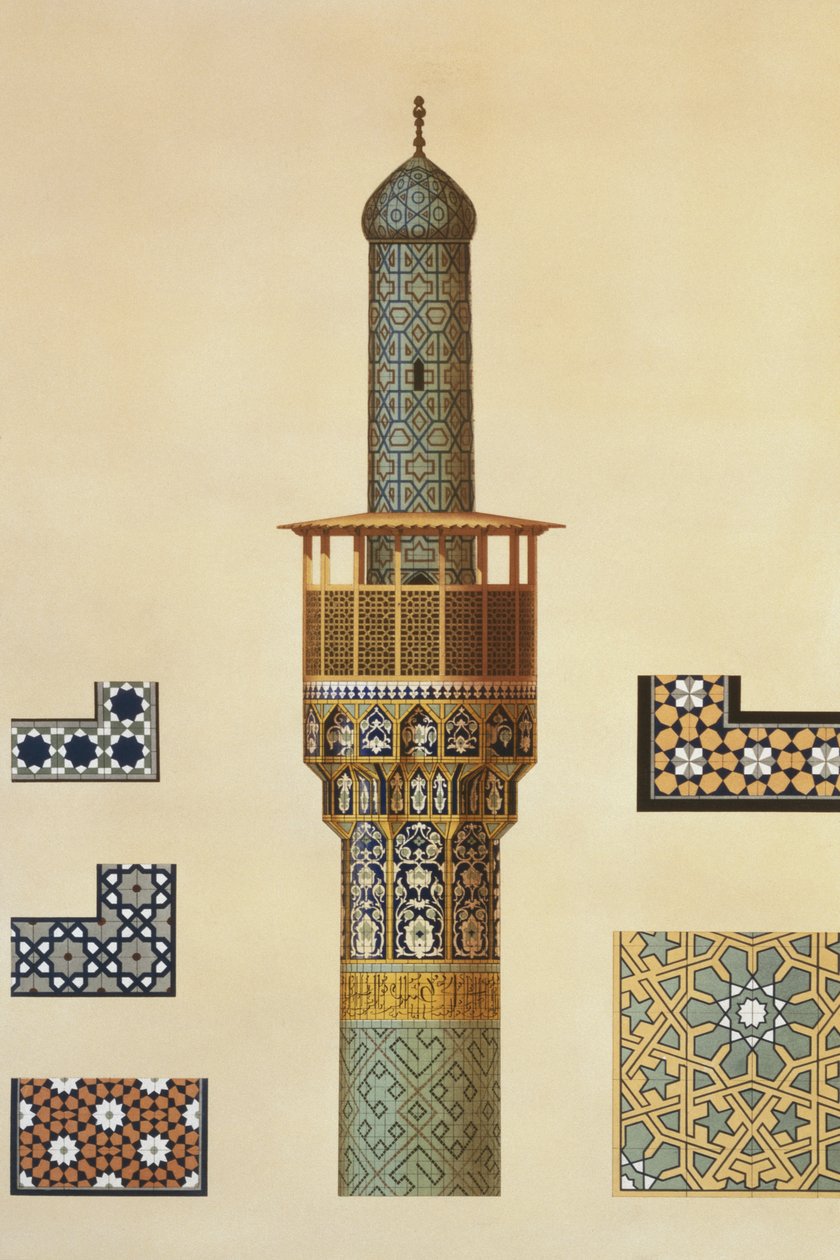 En minaret och keramikdetaljer från moskén i Medrese-i-Shah-Hussein, Isfahan, plåt 24-25 från 