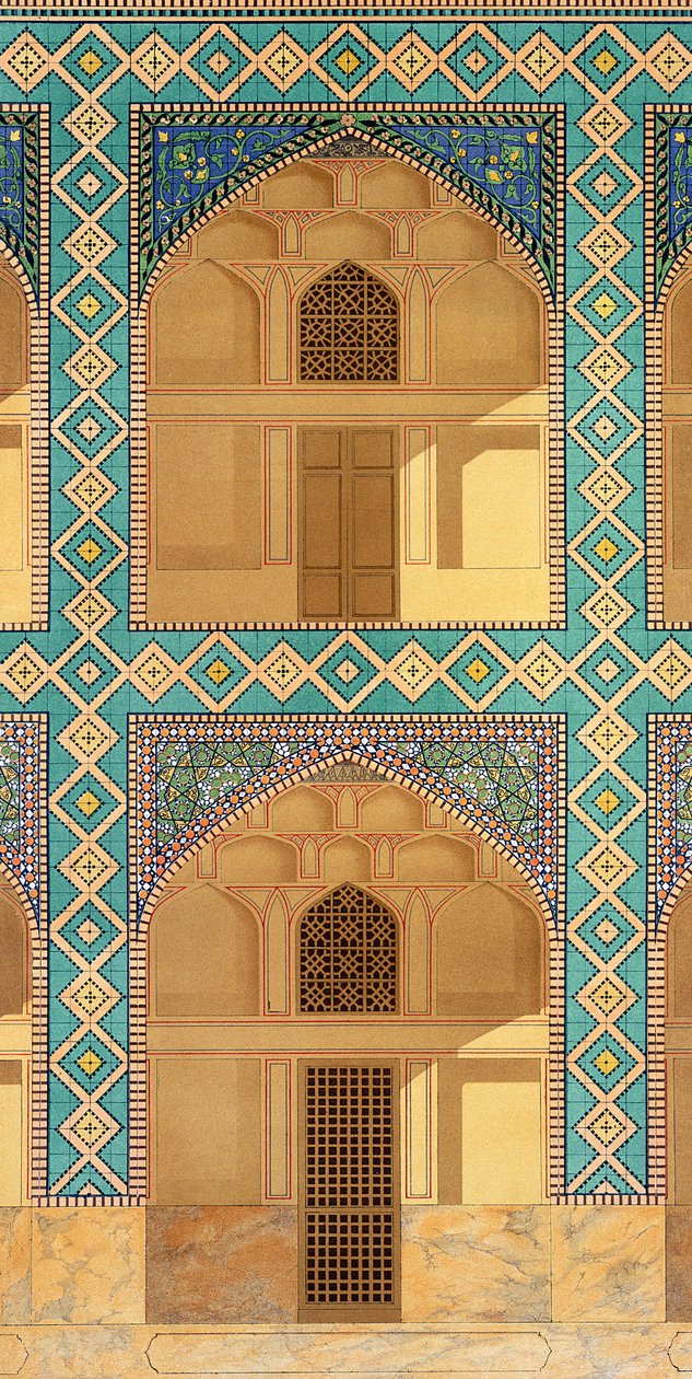 Detalj av innergårdsarkaderna i Medrese-i-Shah-Hussein, Isfahan, plåt 26-27 från Modern Monuments of Persia, graverad av A. Levie, 1856 litho av Pascal Xavier Coste