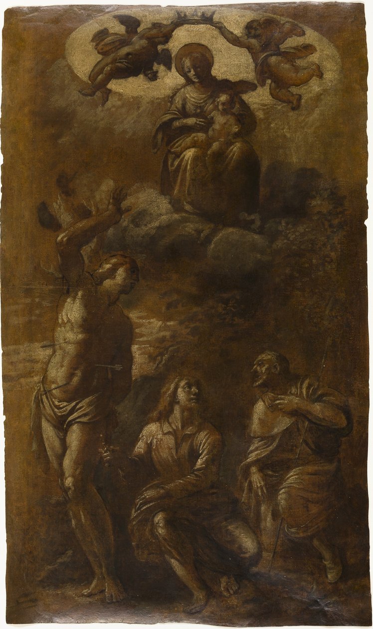Jungfru Maria och barnet i härligheten med helgonet Sebastian, Johannes evangelisten och Roch, ca 1610 (olja med grafit (fernissad) på krämfärgat papper) av Pasquale Ottino