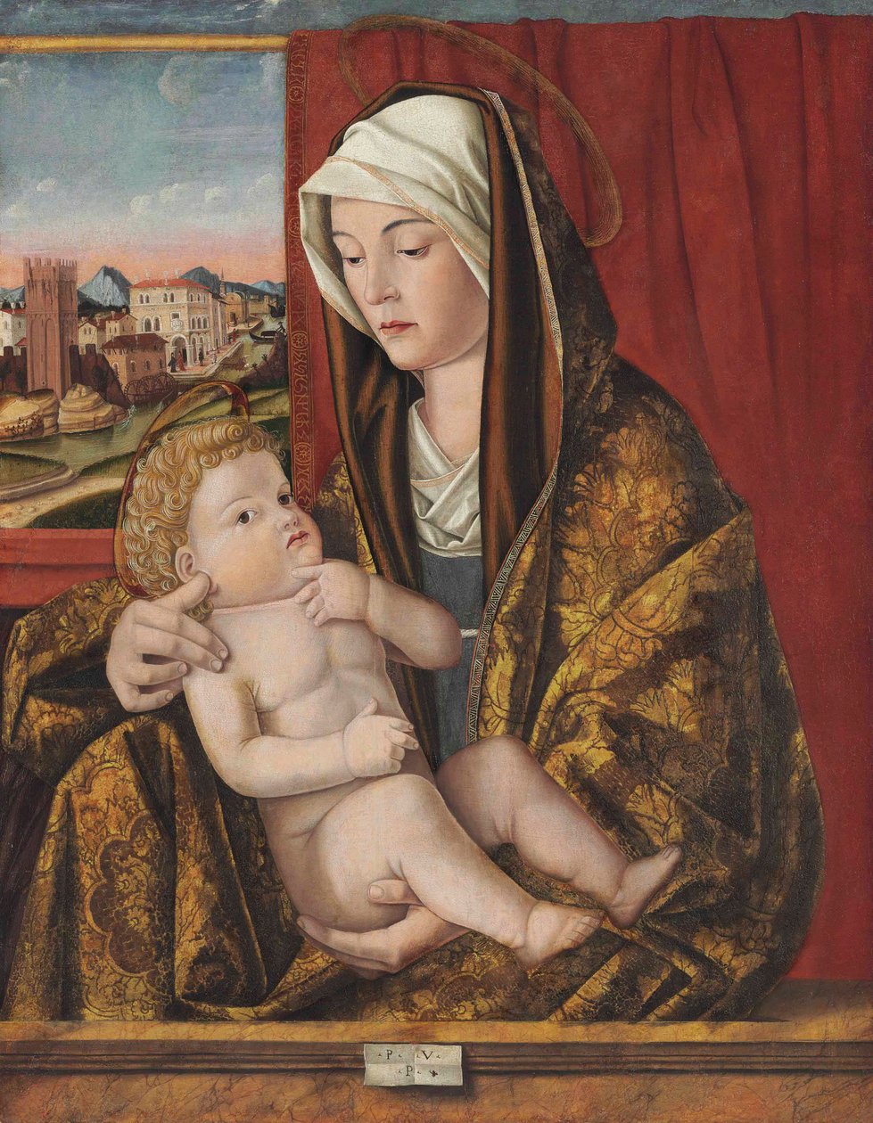 Madonnan och barnet (olja & tempera på panel, överförd till en annan panel) av Pasqualino Veneto (fl.1496 1504)