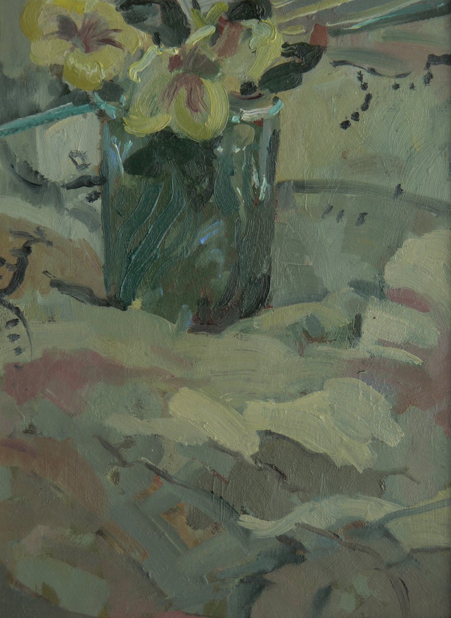 Gula blommor i grön kruka, 2009 av Pat Maclaurin