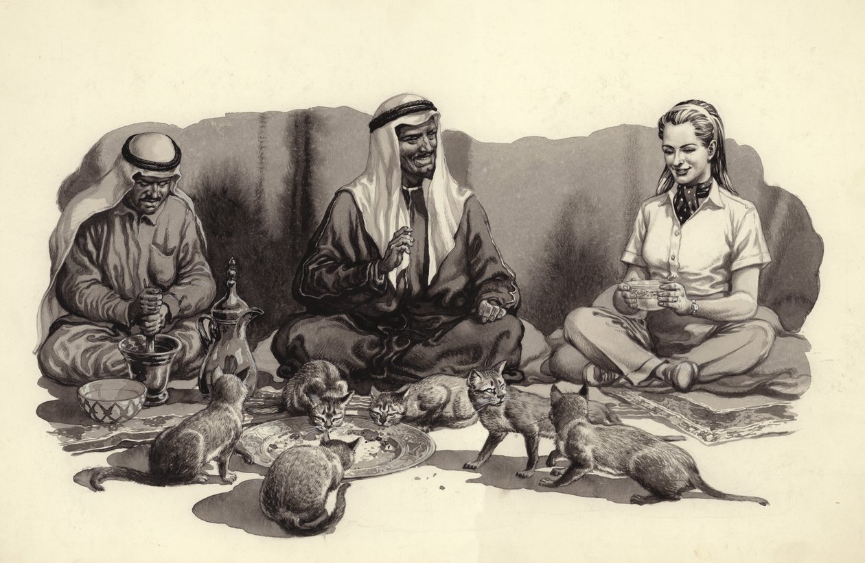 En arabisk man matar sina katter (gouache på papper) av Pat (1907 95) Nicolle