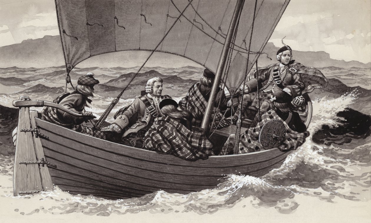 Bonnie Prince Charlie ger sig av mot Isle of Skye (gouache på papper) av Pat (1907 95) Nicolle