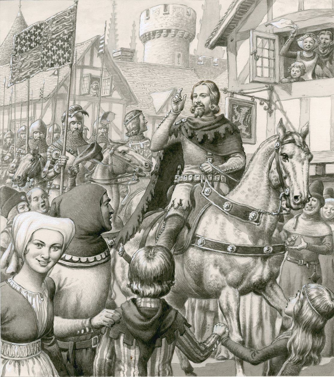 Edward III:s triumferande hemkomst (gouache på papper) av Pat (1907 95) Nicolle