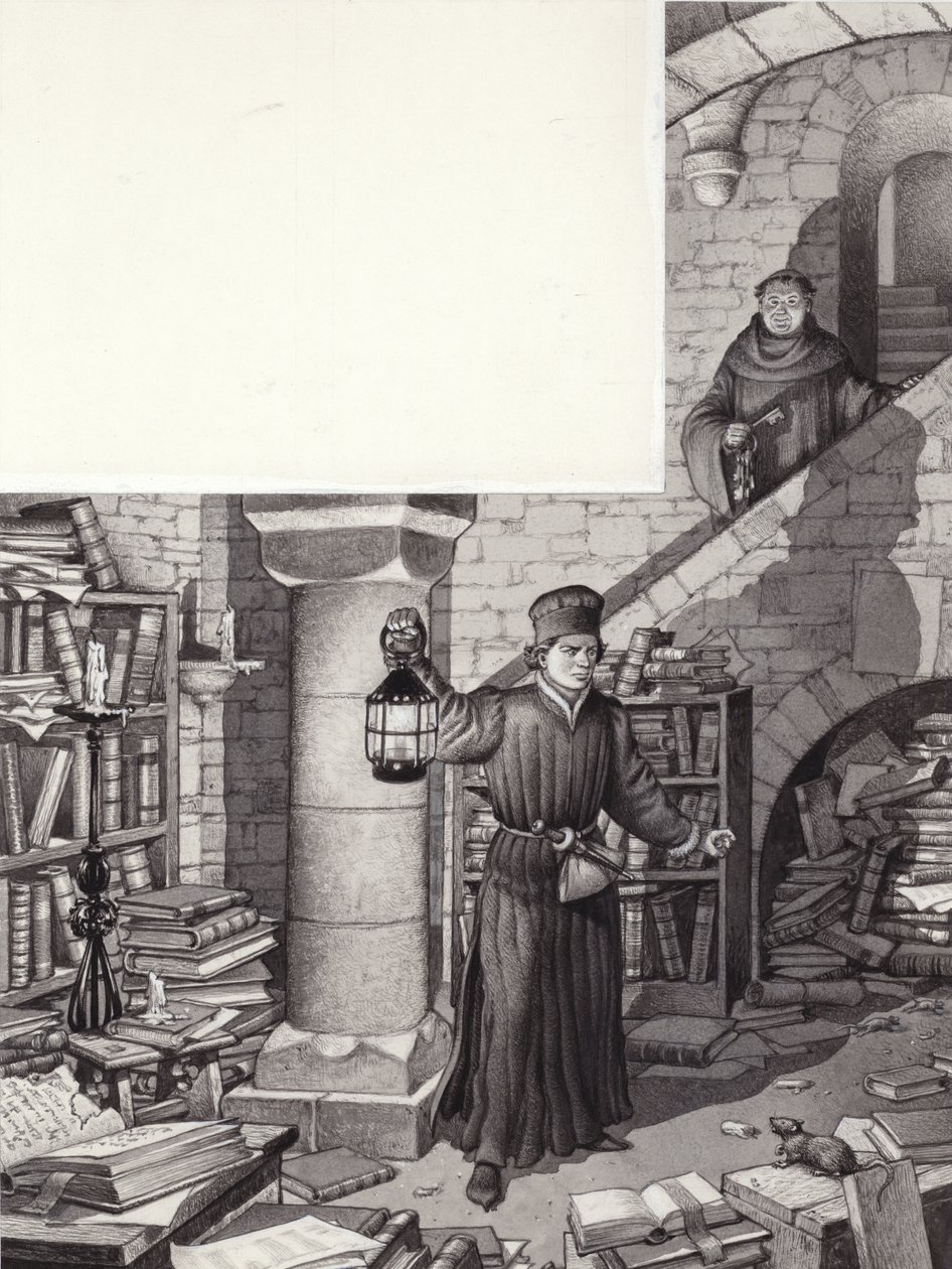 Poggio Bracciolini i det försummade biblioteket i klostret St Gall (gouache på papper) av Pat (1907 95) Nicolle