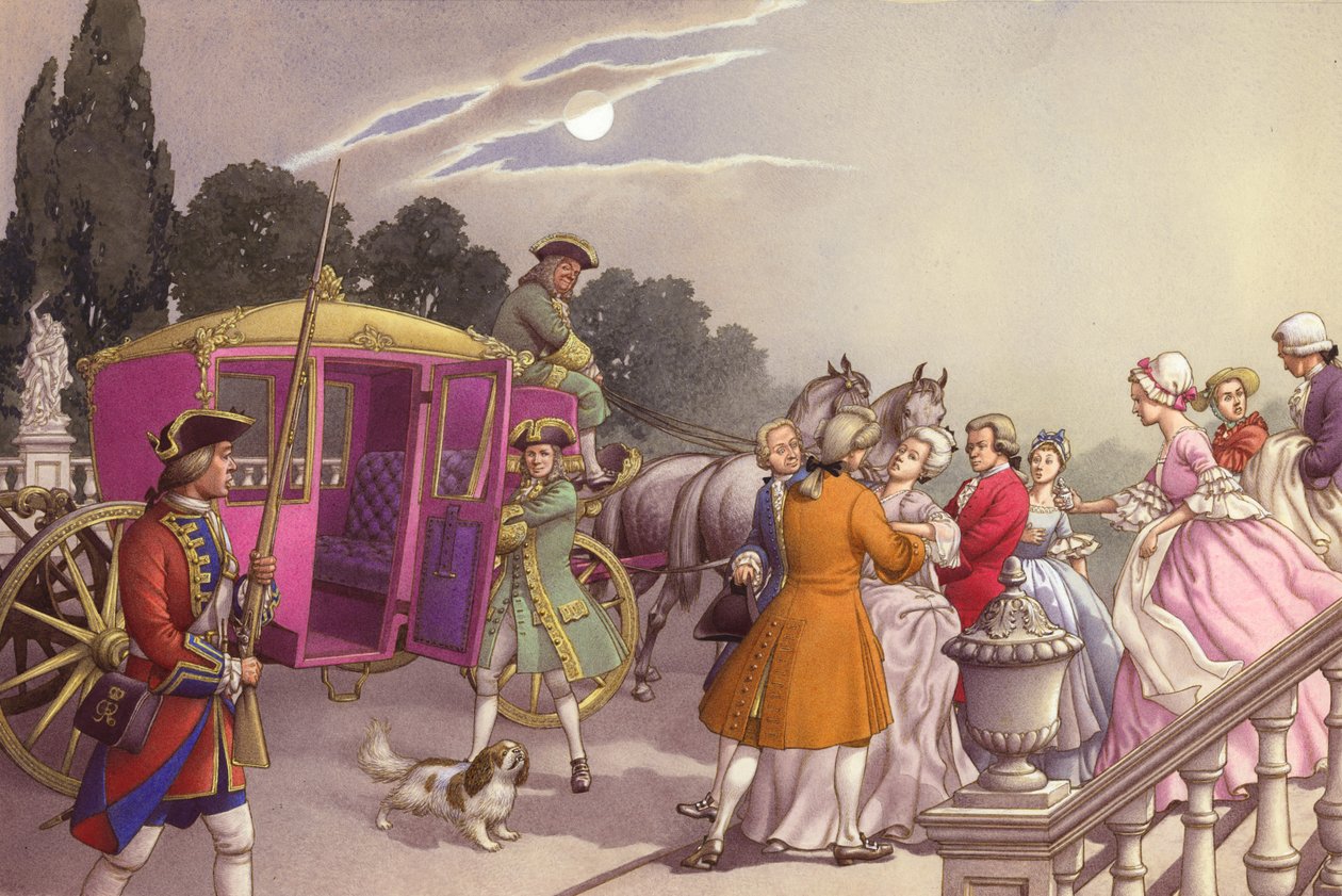 Prinsessan Augusta, som skulle föda barn, satt i en vagn (gouache på papper) av Pat (1907 95) Nicolle