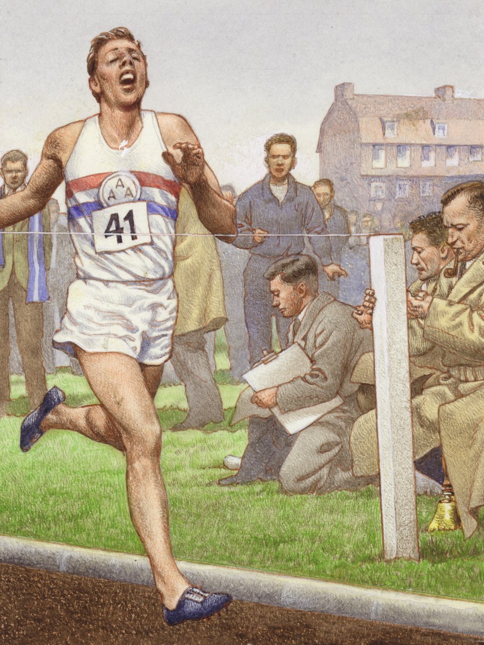 Roger Bannister springer den första milen på fyra minuter (gouache på papper) av Pat (1907 95) Nicolle