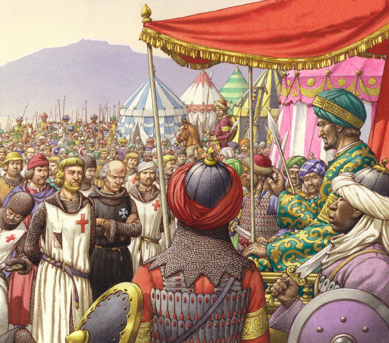Saladin beordrar avrättning av 200 tempelriddare och sjukhusriddare (gouache på papper) av Pat (1907 95) Nicolle