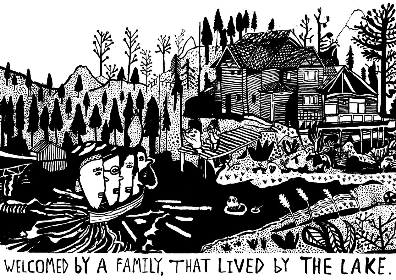 Välkomnad av en familj, 2014 (tusch och pensel) av Pat Macdonald