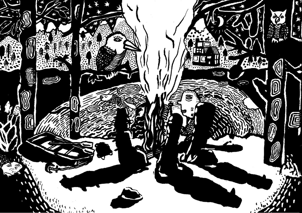 eld i skogen, 2014 (tusch och pensel) av Pat Macdonald