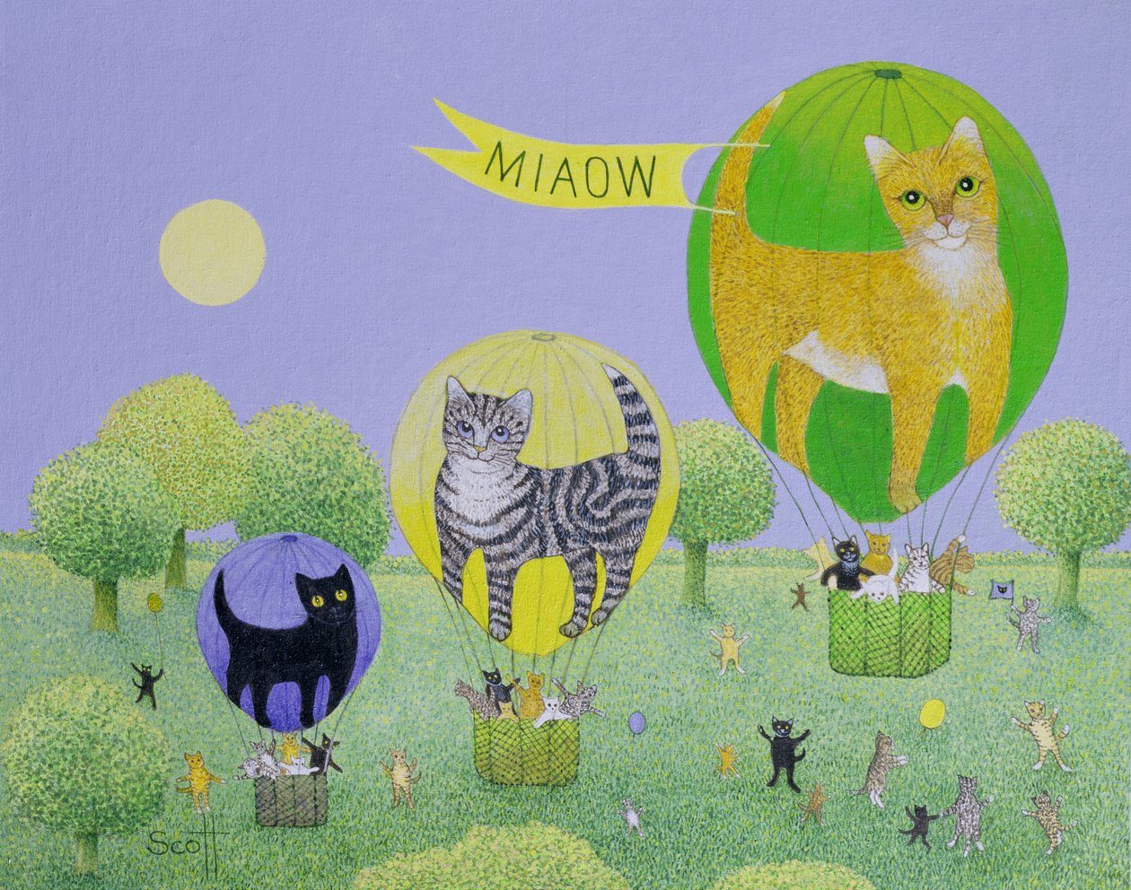 Cat Balloon Race (akryl på duk) av Pat Scott