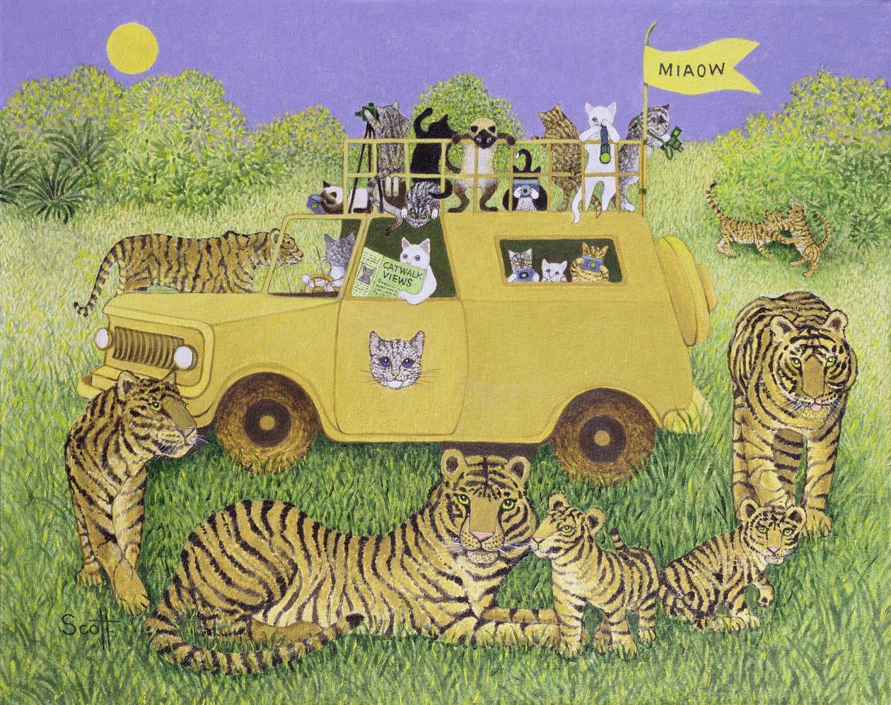 Cat Safari (olja på duk) av Pat Scott