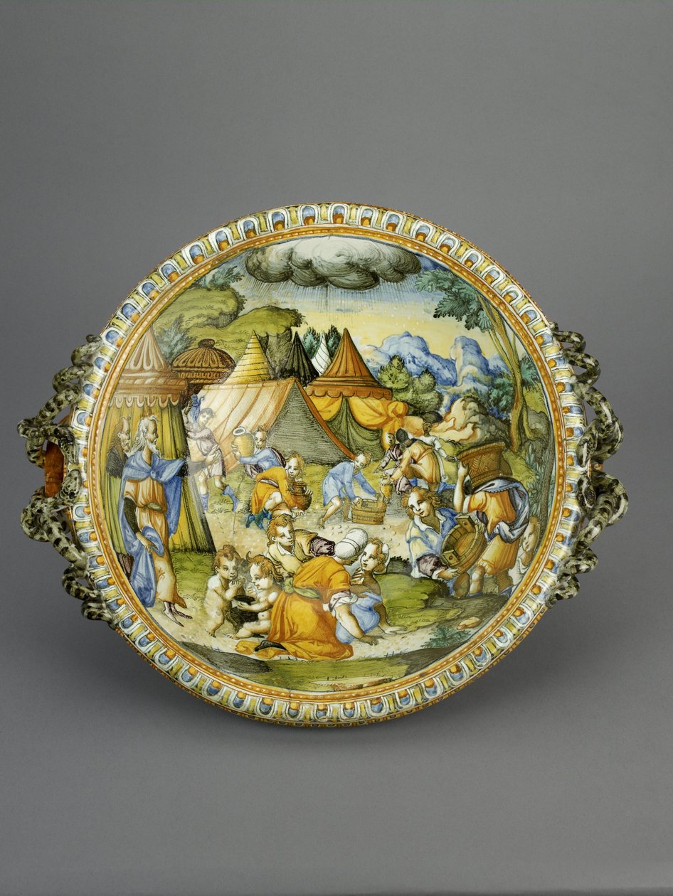 Bassäng med samlingen av Manna, troligen Urbino, c.1600-20 (maiolica) av Patanazzi Workshop