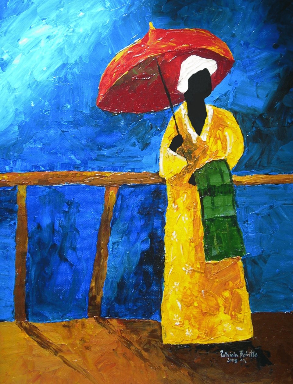 Grön pläd på strandpromenaden, 2008, (akryl på konstnärstavla) av Patricia Brintle