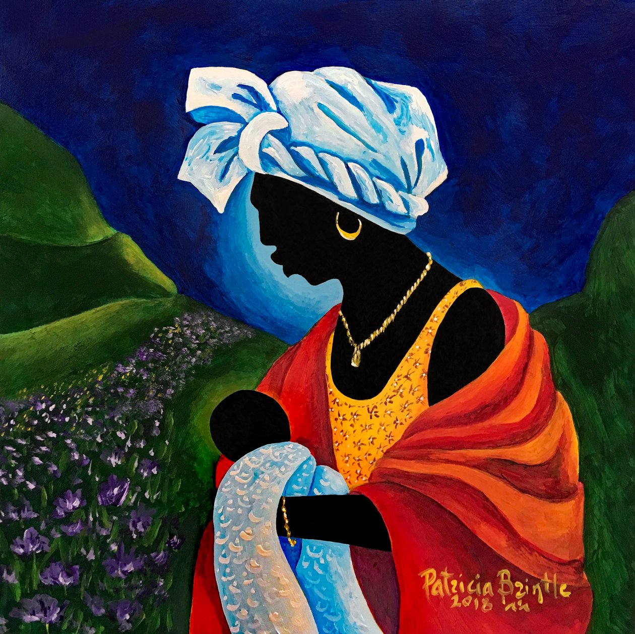 Madonna and Child - Lilly Field, 2018 (akryl på trä) av Patricia Brintle