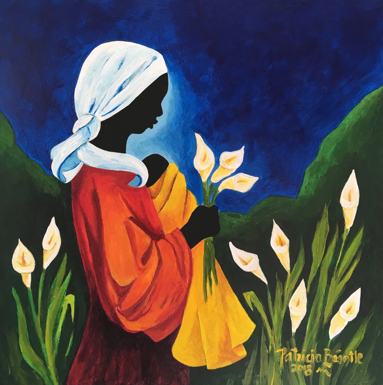 Madonna and Child of the Callas, 2018 (akryl på trä) av Patricia Brintle