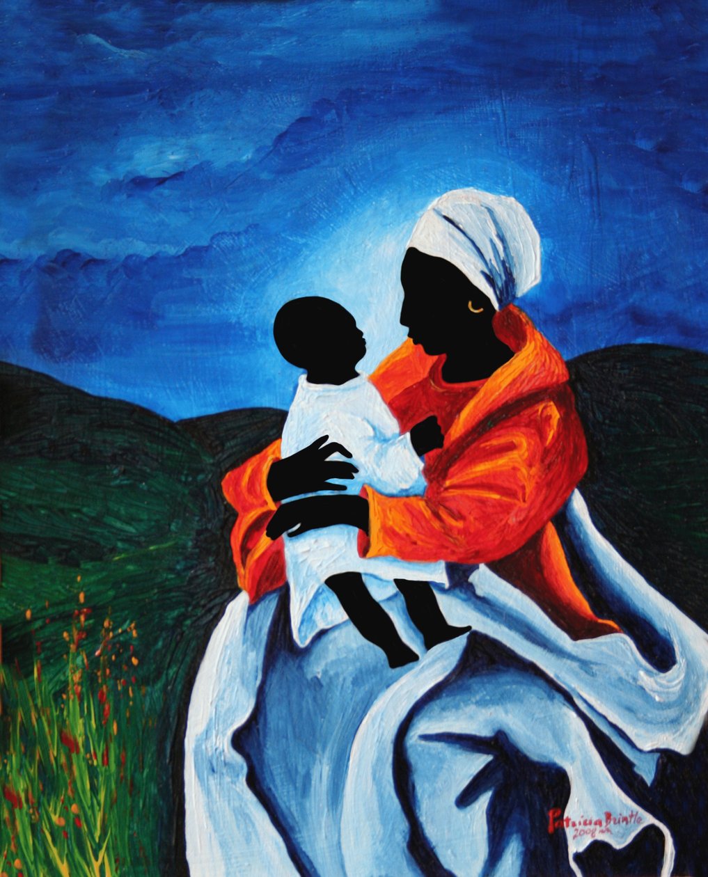 Madonna och barn - Första orden, 2008 (akryl på trä) av Patricia Brintle