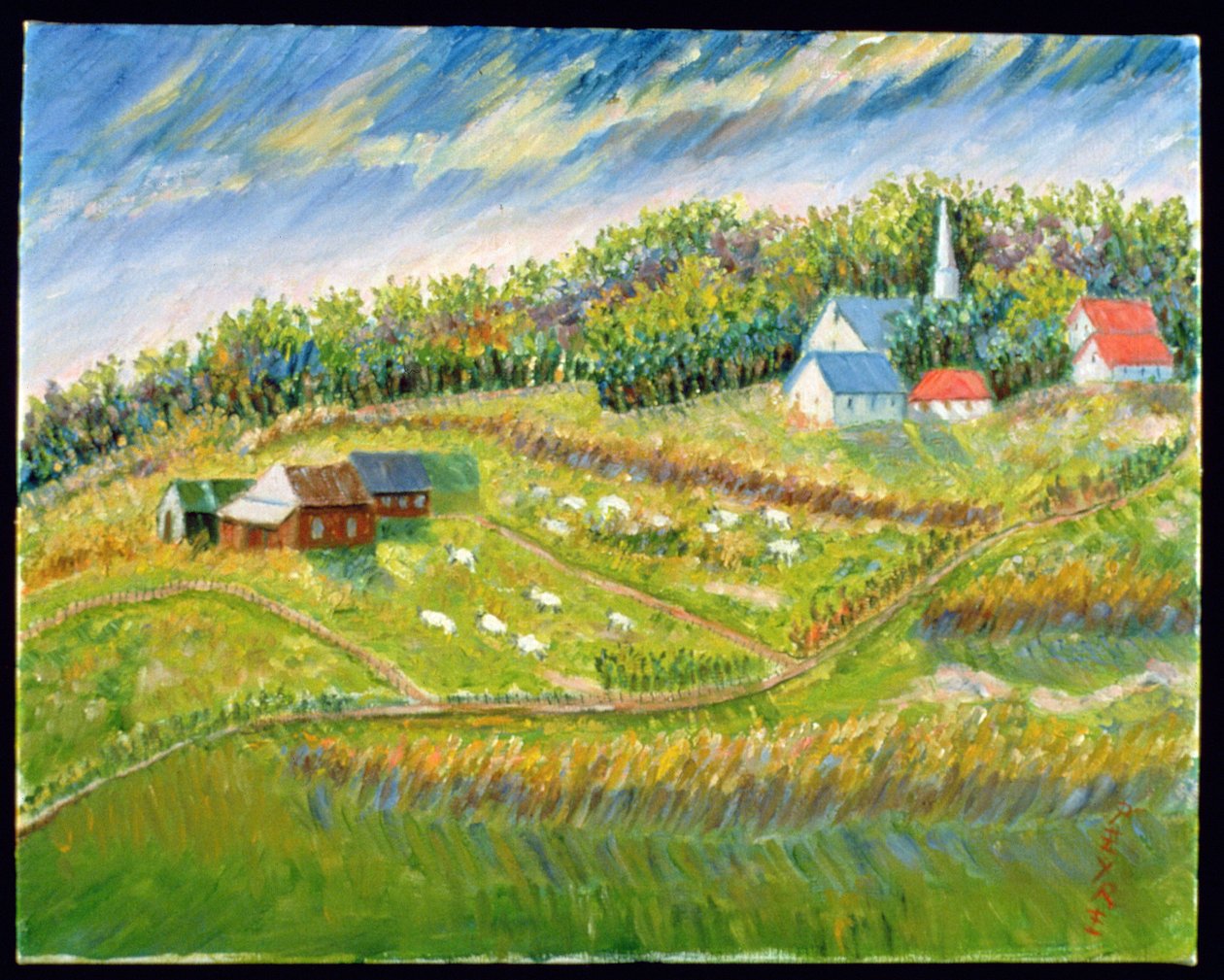 Gård med får, Les Eboulement (olja på belgiskt linne) av Patricia Contemporary Artist Eyre