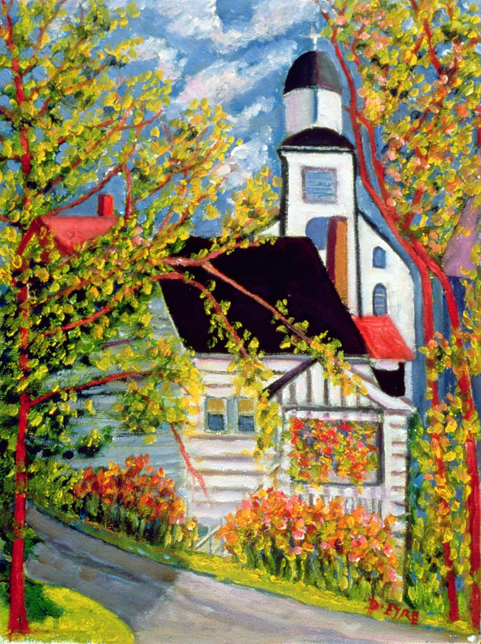 Hus med kyrka, Badeck (olja på linne) av Patricia Contemporary Artist Eyre