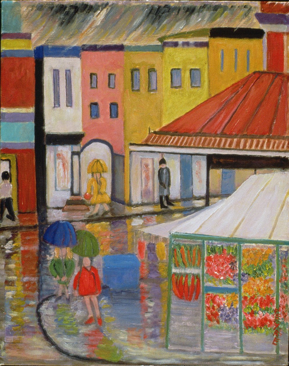 Vårregn, Bywood Market (olja på linne) av Patricia Contemporary Artist Eyre