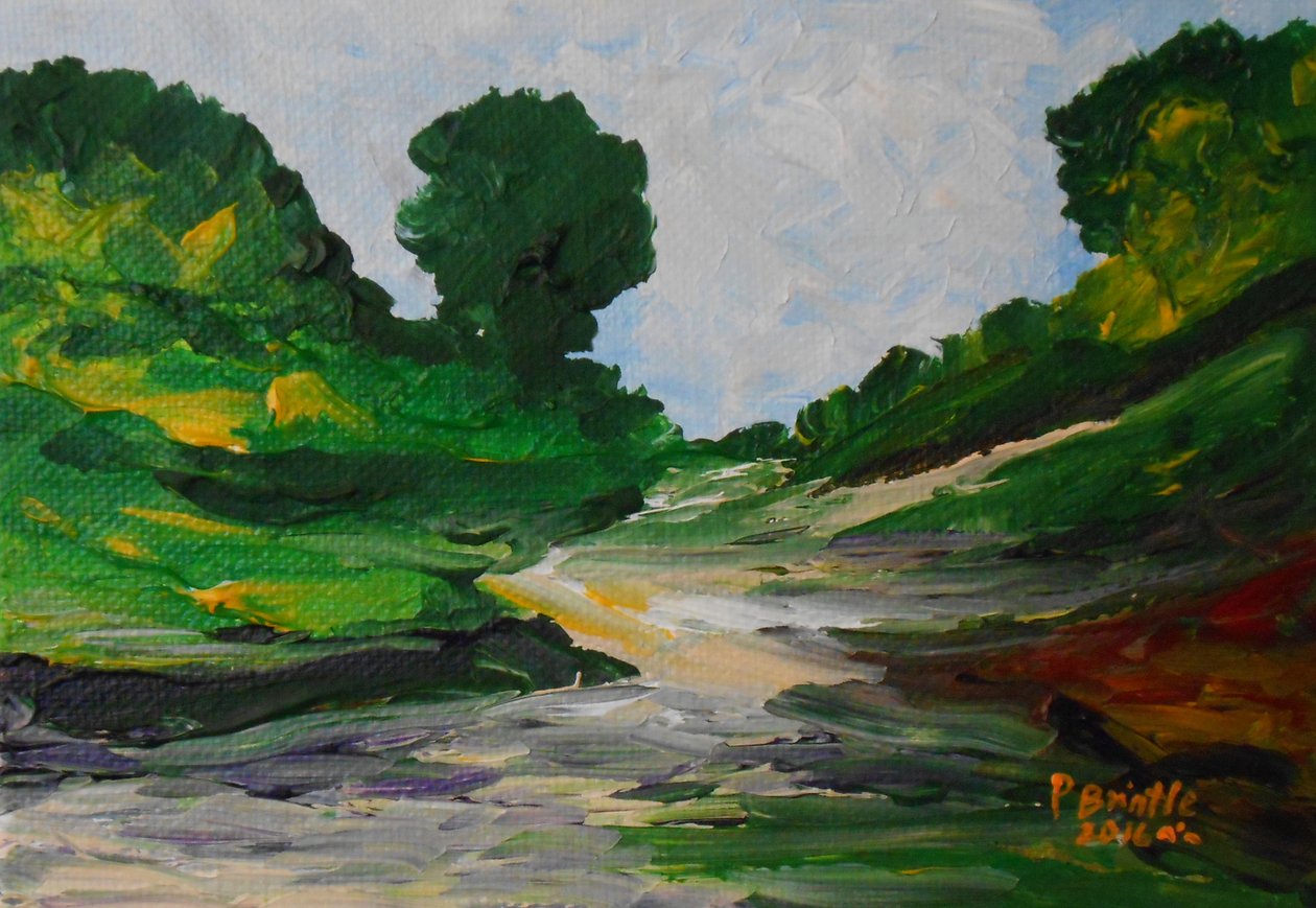 En promenad i Ennery, 2016 (akryl på artistboard) av Patricia Brintle