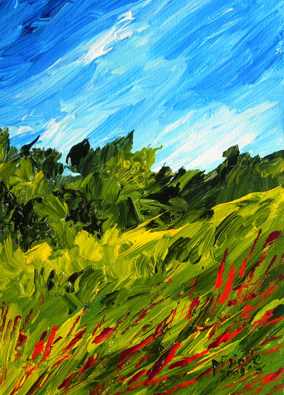 En promenad i Puilboro, 2009 (akryl på artistboard) av Patricia Brintle
