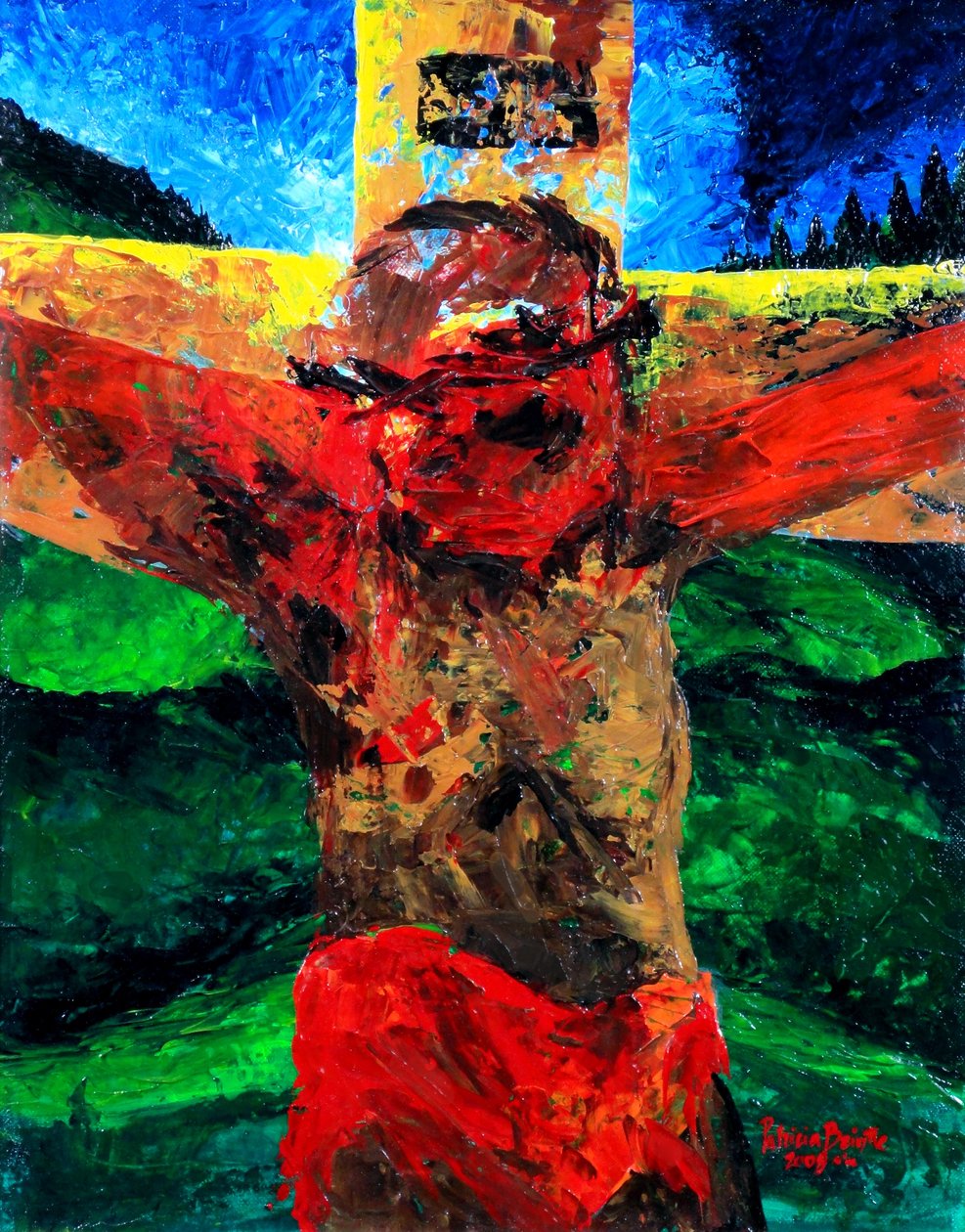 Korsfästelsen - den är klar, 2009 (akryl på duk) av Patricia Brintle