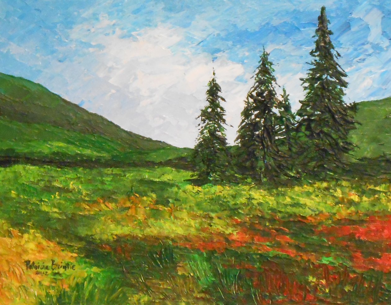 Down the valley, 2012 (akryl på artistboard) av Patricia Brintle