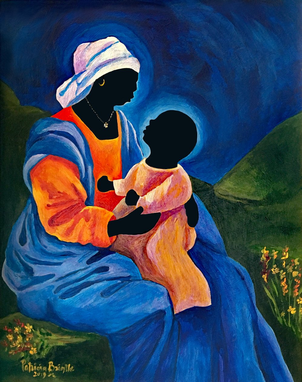 Madonna och barn plockar blommor, 2018 (akryl på masonit) av Patricia Brintle