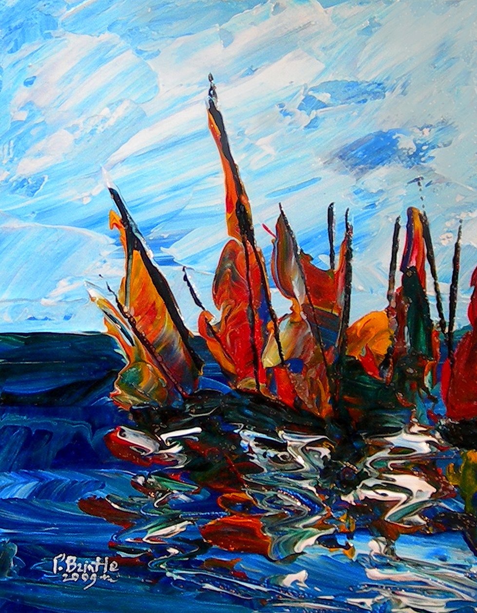 Segelbåtar vid Port a Bainet, 2009 (akryl på trä) av Patricia Brintle