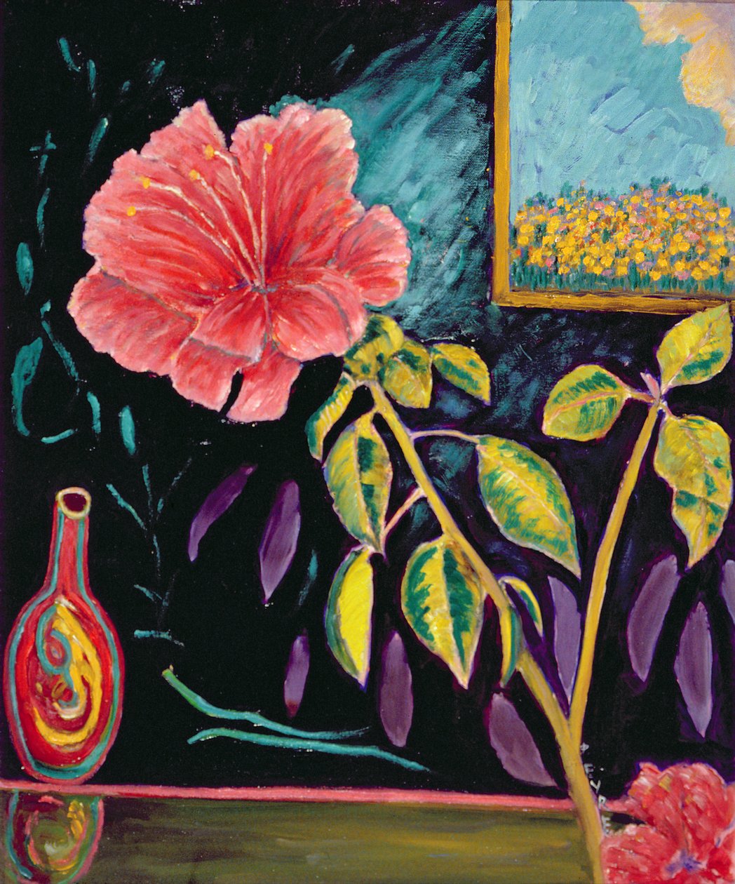 Hibiskus med vas (olja på linne) av Patricia Contemporary Artist Eyre