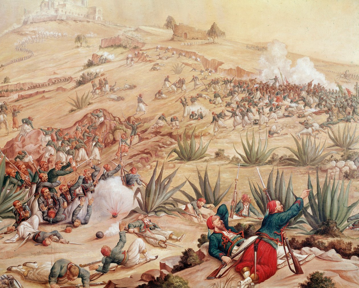 Mexiko Expedition: "" Slaget vid Puebla den 5/05/1862 runt staden Puebla de los Angeles, mellan de mexikanska arméerna, ledda av Ignacio Zaragoza, och de från det andra franska imperiet, ledda av Charles Ferdinand Latrille, greve av Lorencez” (Slaget av Patricio Ramos Ortega
