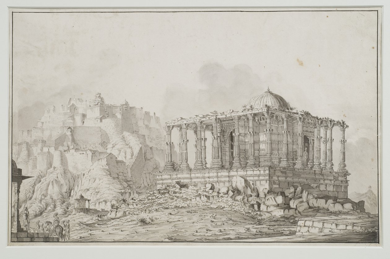 Jain-templet i fästningen Komulmer (Kumbhalgarh) (penna och tvätt på papper) av Patrick Waugh