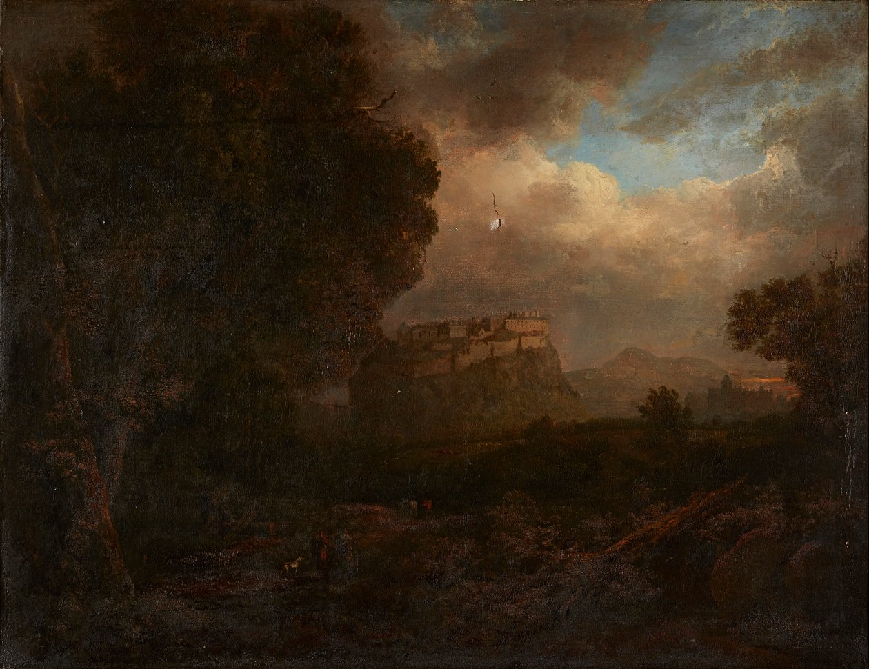 Avlägsen utsikt över Edinburgh, med resenärer i förgrunden (olja på duk) av Patrick (attr.to) Nasmyth