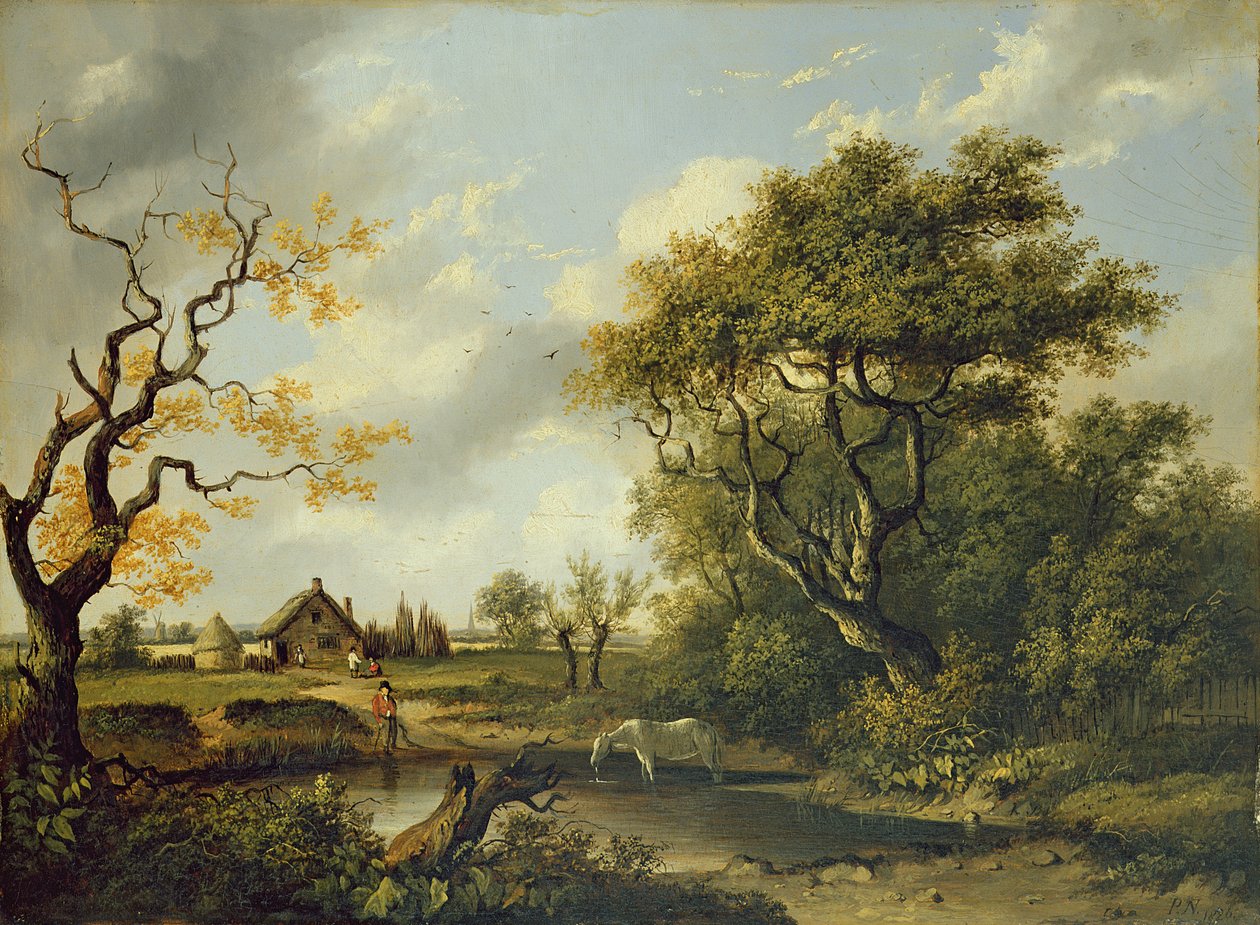 Hästdrickande vid en damm (olja på panel) av Patrick Nasmyth