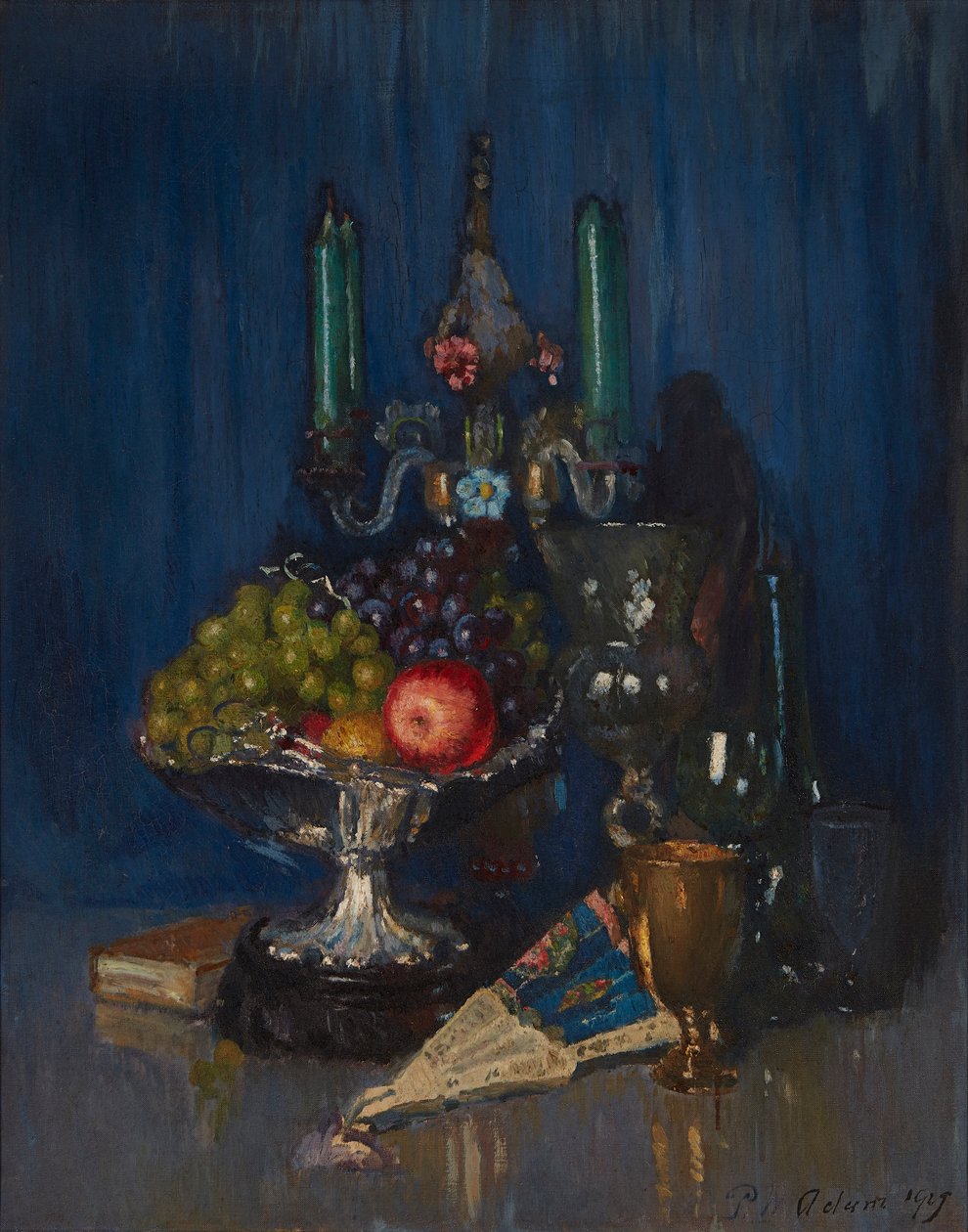 Ett stilleben av frukt och föremål på en bordsskiva (olja på duk) av Patrick William Adam