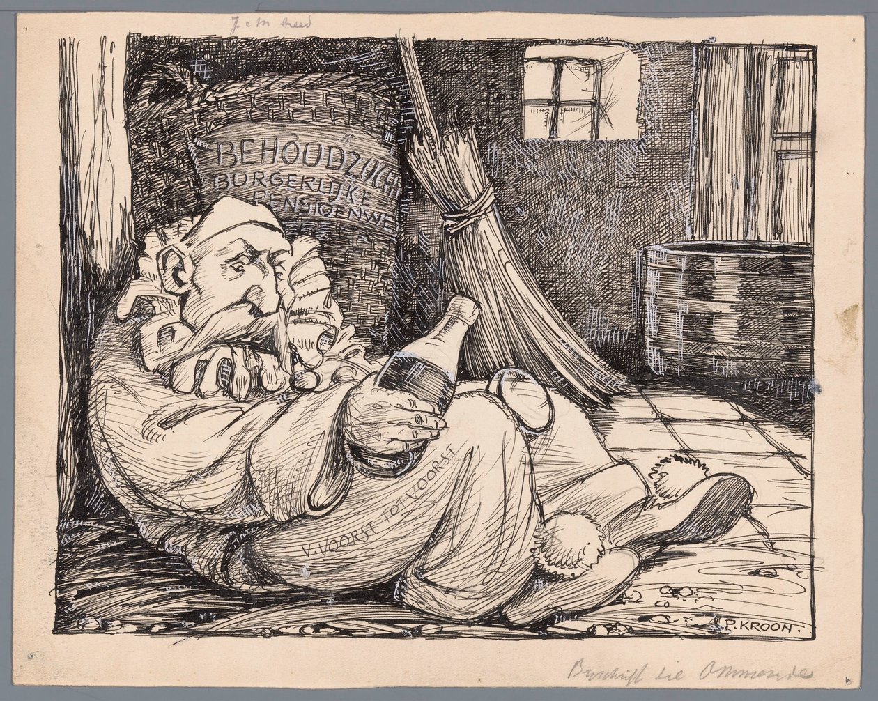 Baron van Voorst tot Voorst som karnevalsbesökare Carneval, eller de avvisade civila pensionslagarna (titel på objekt) av Patricq Kroon (signed by artist)