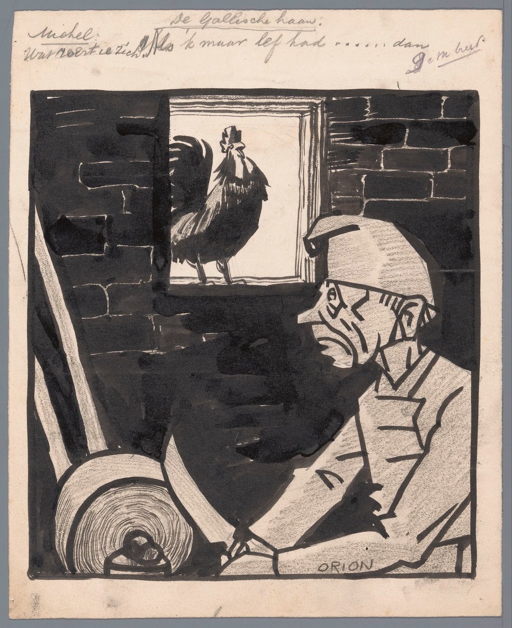 Man slipar kniv medan fransk tupp galer Den galliska tuppen (titel på objekt) av Patricq Kroon (signed by artist)