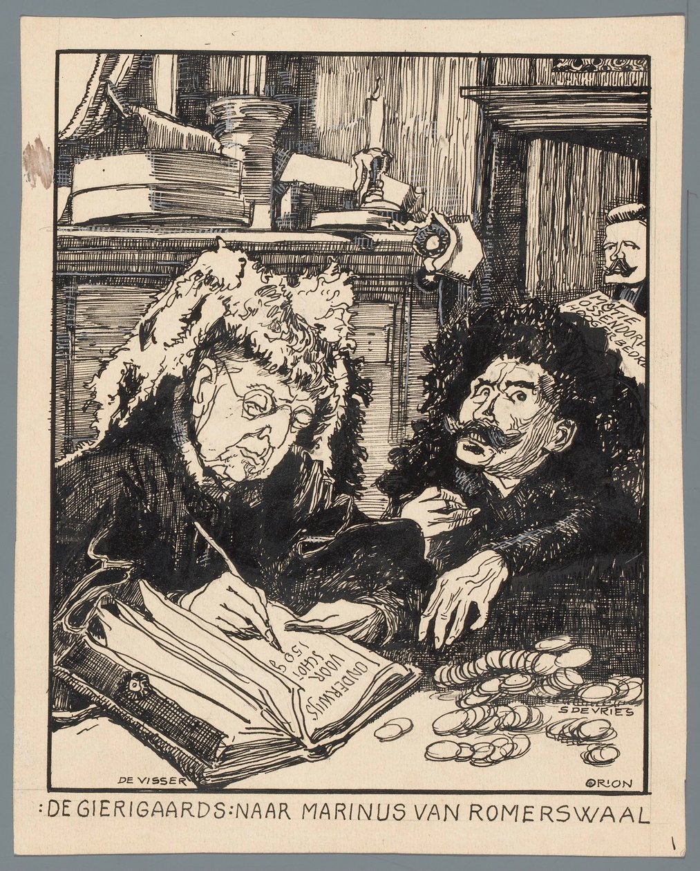 Ministrarna De Visser och Simon de Vries som skatteindrivare The Gierigaards: efter Marinus van Romerwaal (titel på objekt) av Patricq Kroon (signed by artist)