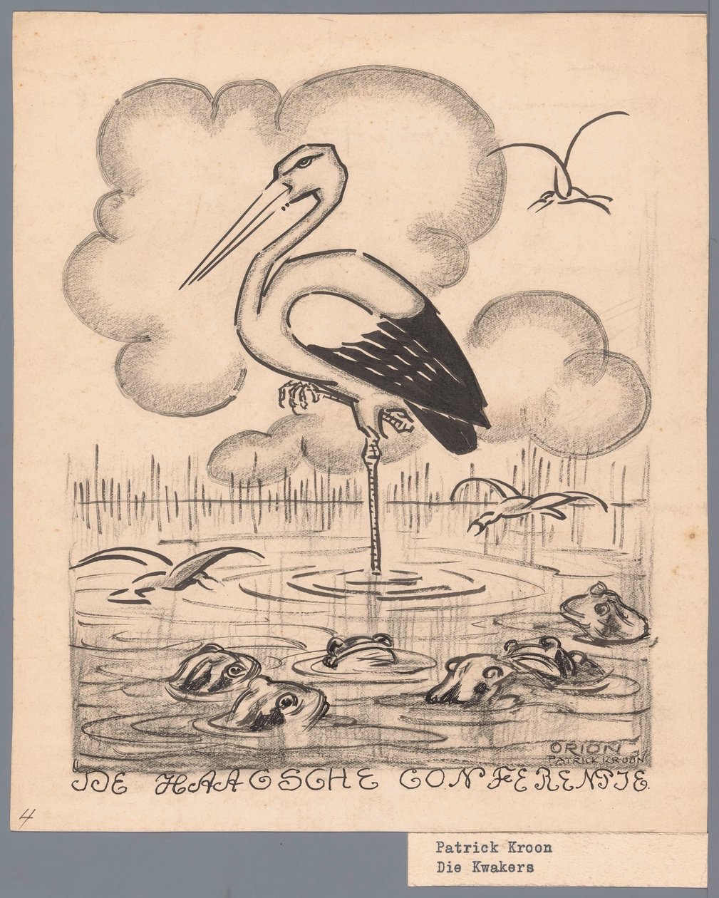 Stork bland grodor Haagkonferensen / De Kwakers (titel på objekt) av Patricq Kroon (signed by artist)